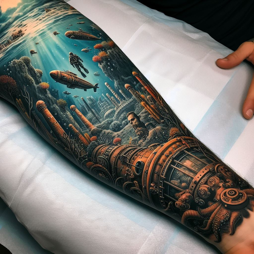 An undersea adventure-themed sleeve tattoo, with detailed illustrations of divers, submarines, and ancient ruins beneath the ocean, wrapping around the forearm.