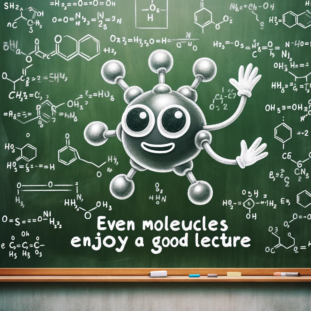 An image of a chalkboard in a chemistry classroom covered in complex equations, with a doodle of a molecule smiling and waving. The caption reads, "Even molecules enjoy a good lecture."