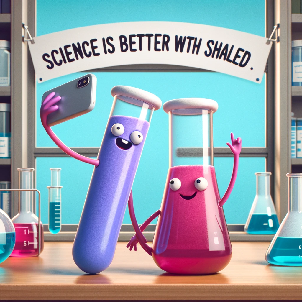 A quirky image of a test tube and a beaker taking a selfie together, with the lab in the background. The caption reads, "Science is better when shared."