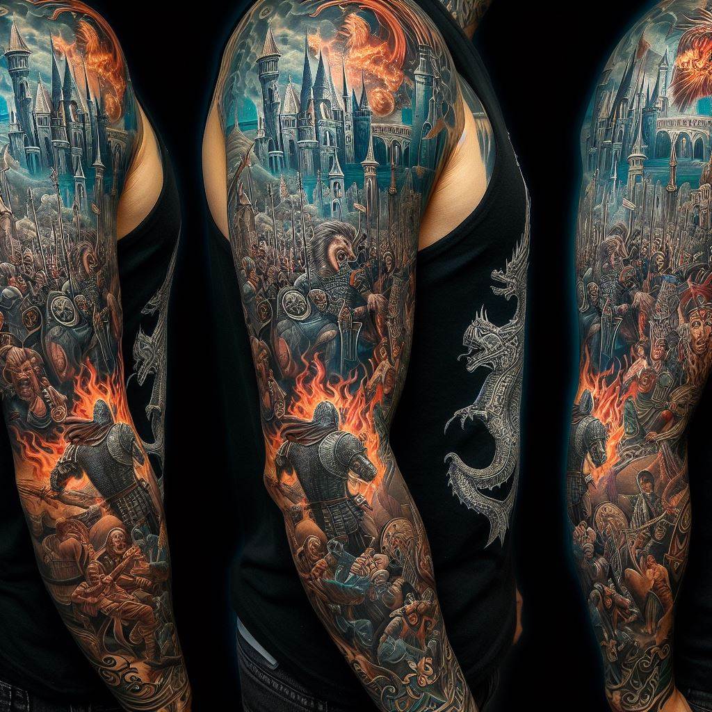 A sleeve tattoo depicting a medieval knights and dragons theme, with fierce battles, castles, and mythical beasts, designed for the entire arm.
