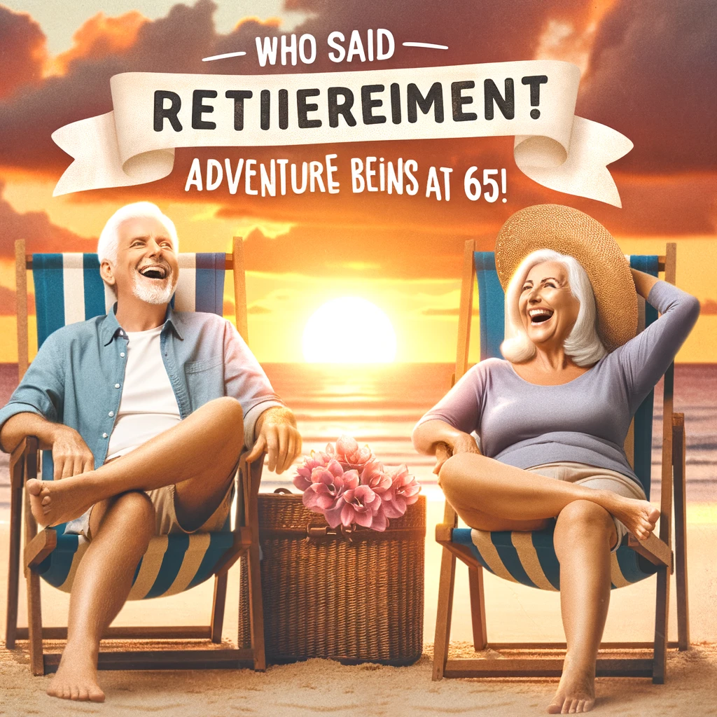 An elderly couple sitting on a beach chair, laughing together with a sunset in the background. A caption reads: 'Who said retirement is boring? Adventure begins at 65!'