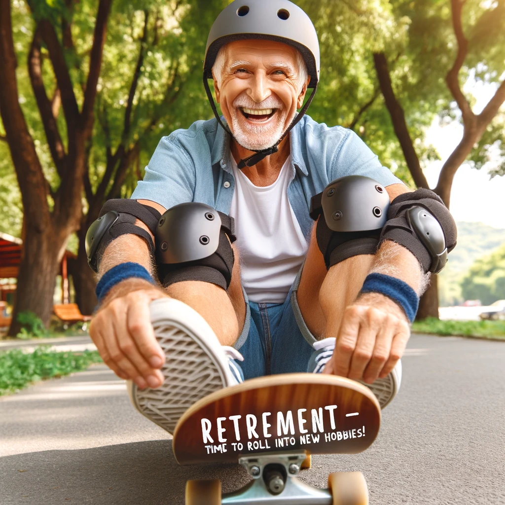 A joyful senior man on a skateboard in a park, wearing a helmet and knee pads, with a background of trees. The caption reads: 'Retirement - Time to roll into new hobbies!'