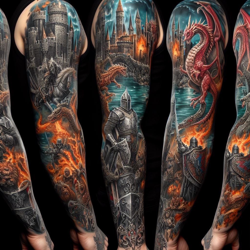 A sleeve tattoo depicting a medieval knights and dragons theme, with fierce battles, castles, and mythical beasts, designed for the entire arm.
