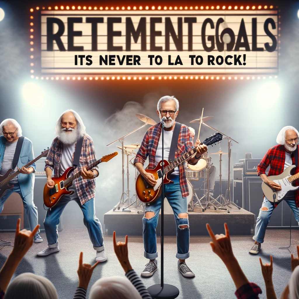 A group of seniors in a rock band performing on stage with electric guitars and drums, with a crowd cheering in the background. The caption reads: 'Retirement goals: It's never too late to rock!'