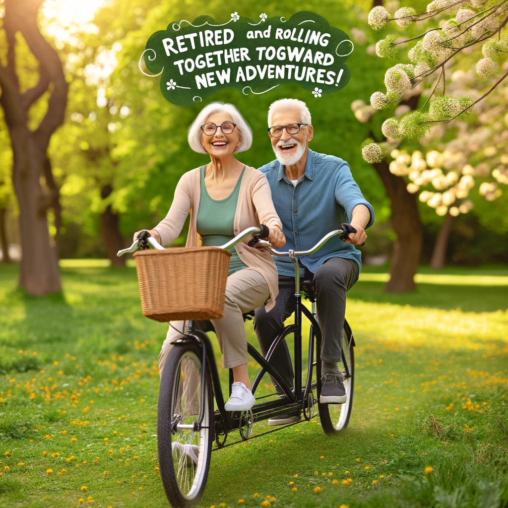 A happy elderly couple riding a tandem bicycle through a park, surrounded by trees in full bloom. The caption reads: 'Retired and rolling together towards new adventures!'