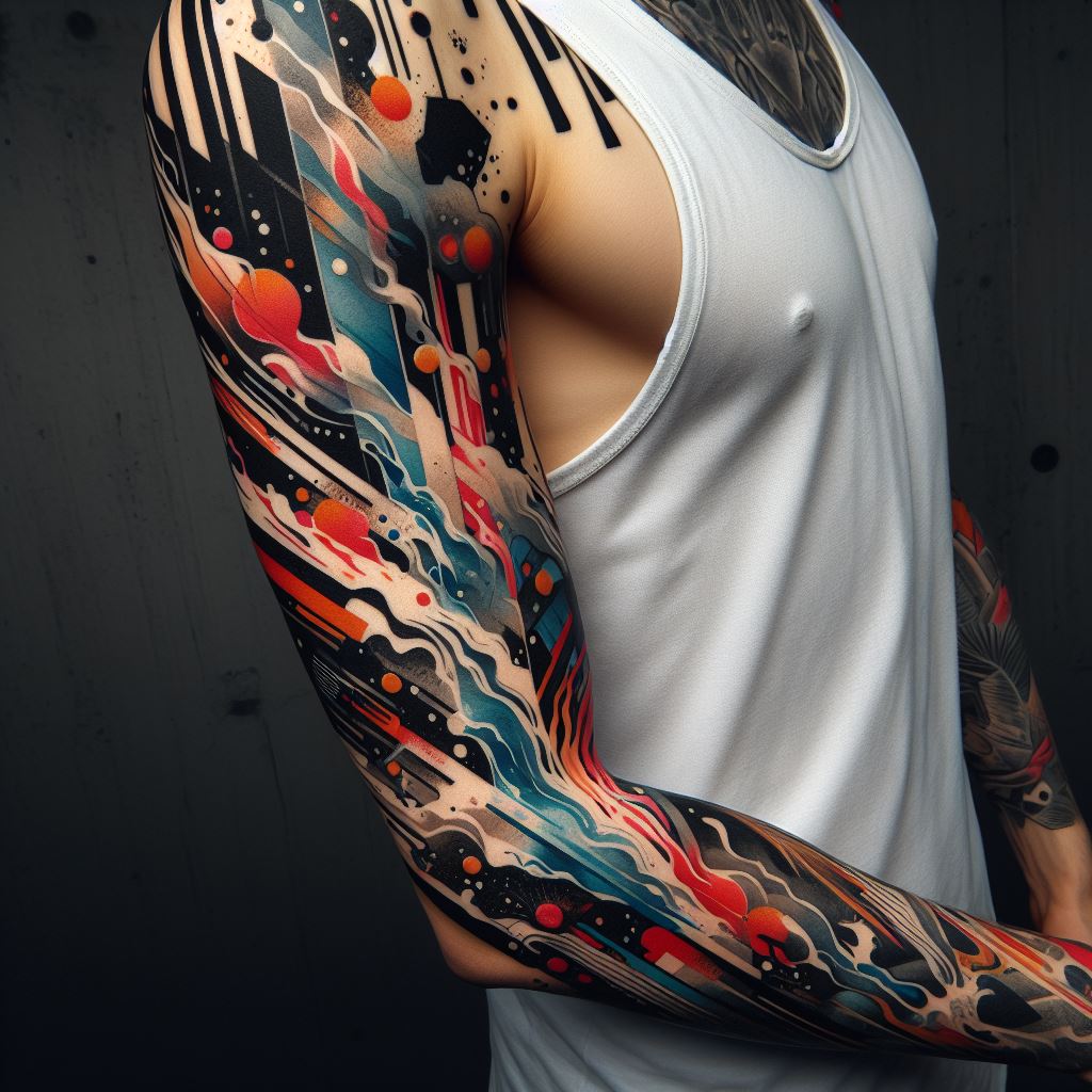 An avant-garde sleeve tattoo with abstract art designs, incorporating bold shapes, splashes of color, and unique compositions, covering the arm.