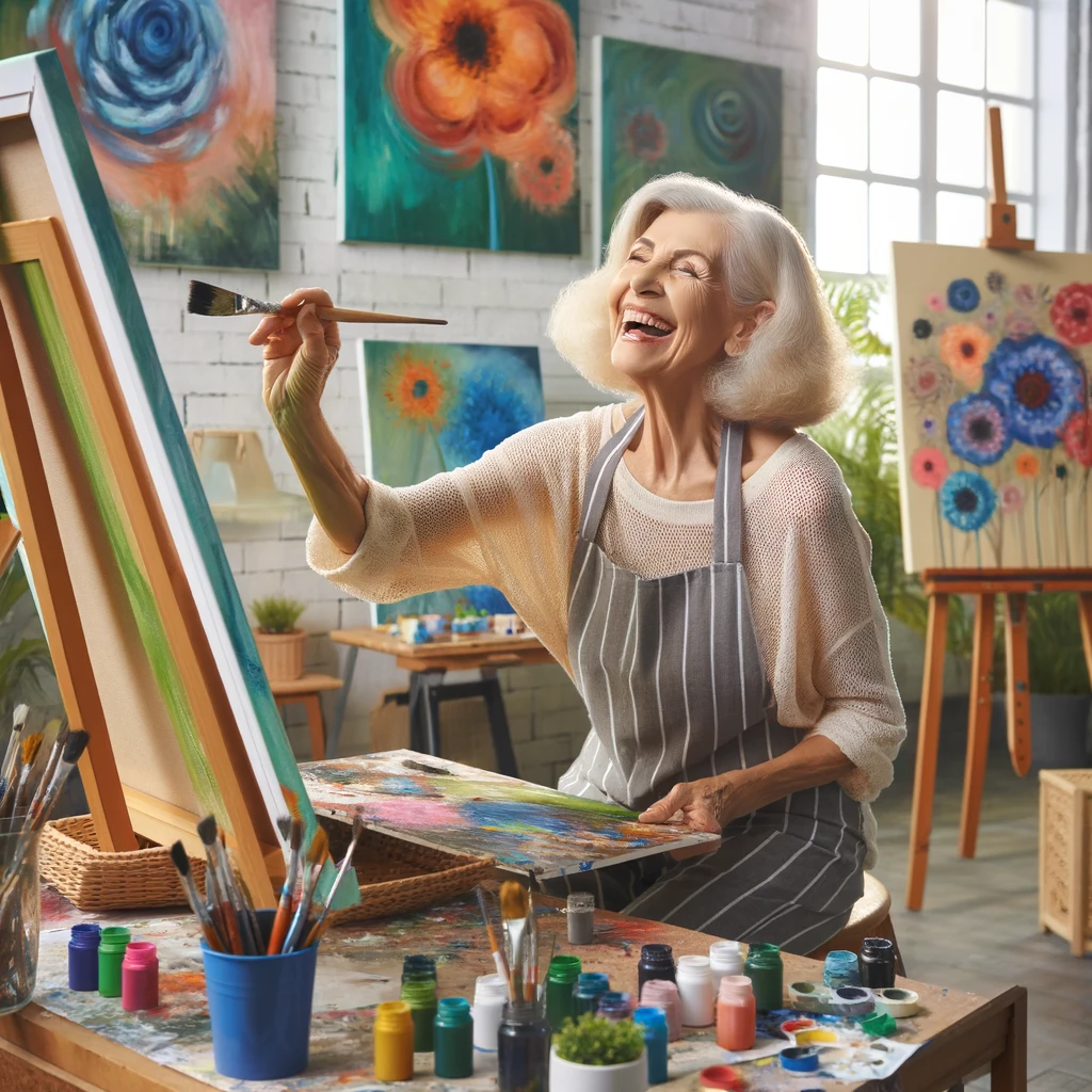 A senior woman joyfully painting a large canvas in her art studio, surrounded by colorful paintings. The caption reads: 'Retirement: The art of living your dreams!'