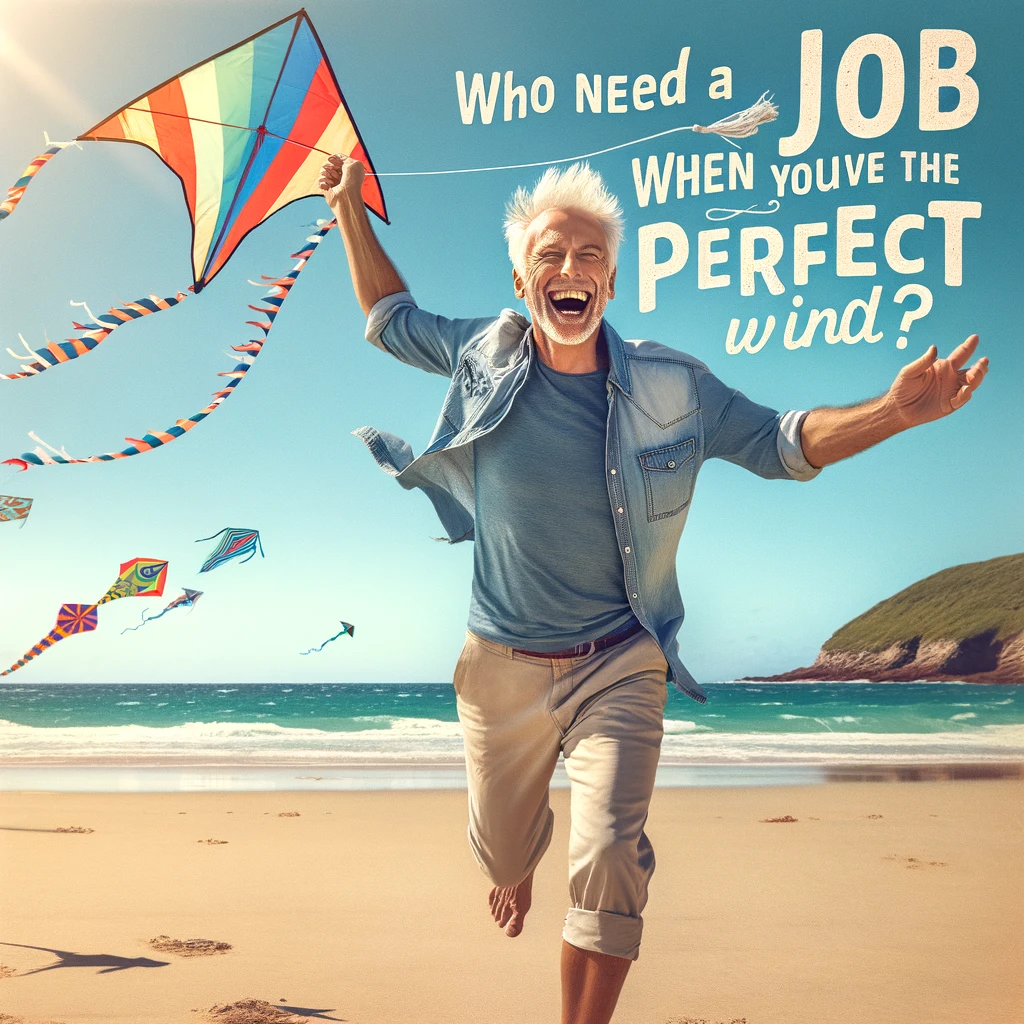 A senior man joyously flying a kite on a sunny beach, with the ocean in the background. The caption reads: 'Who needs a job when you have the perfect wind?'
