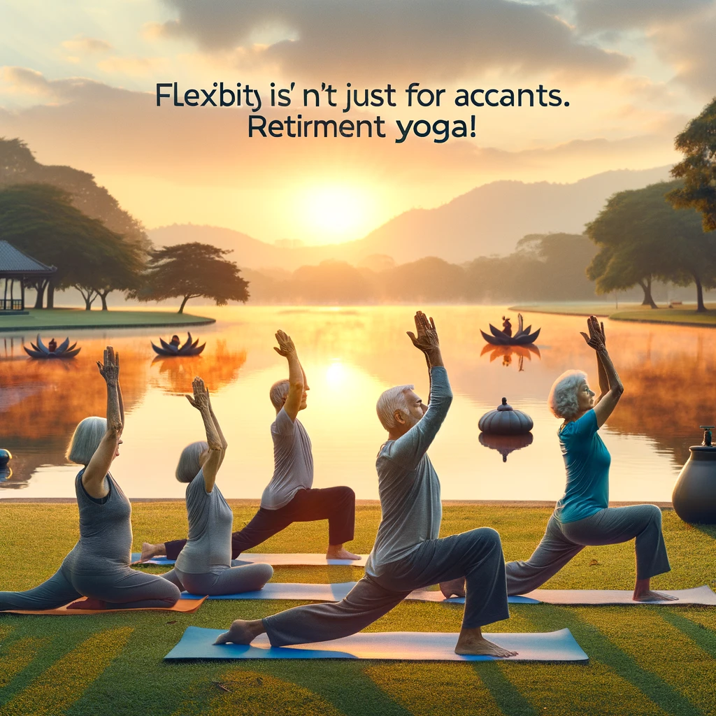 A group of seniors practicing yoga in a peaceful park at sunrise, with a lake in the background. The caption reads: 'Flexibility isn't just for accounts. Retirement yoga!'
