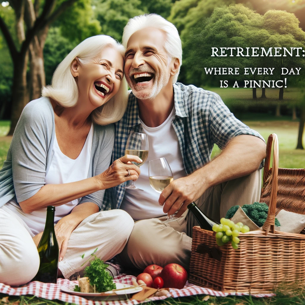A senior couple laughing while having a picnic in a lush green park, with a basket and wine. The caption reads: 'Retirement: Where every day is a picnic!'