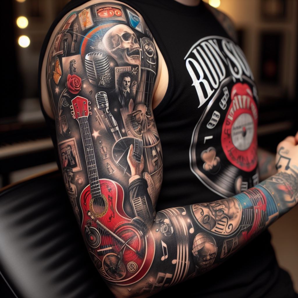 A sleeve tattoo showcasing a musical theme, with instruments, musical notes, and iconic album artwork, inked across the arm.