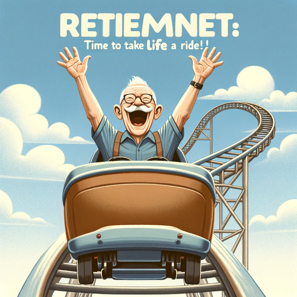 An elderly man gleefully riding a roller coaster with his arms raised, with a clear blue sky in the background. The caption reads: 'Retirement: Time to take life for a ride!'