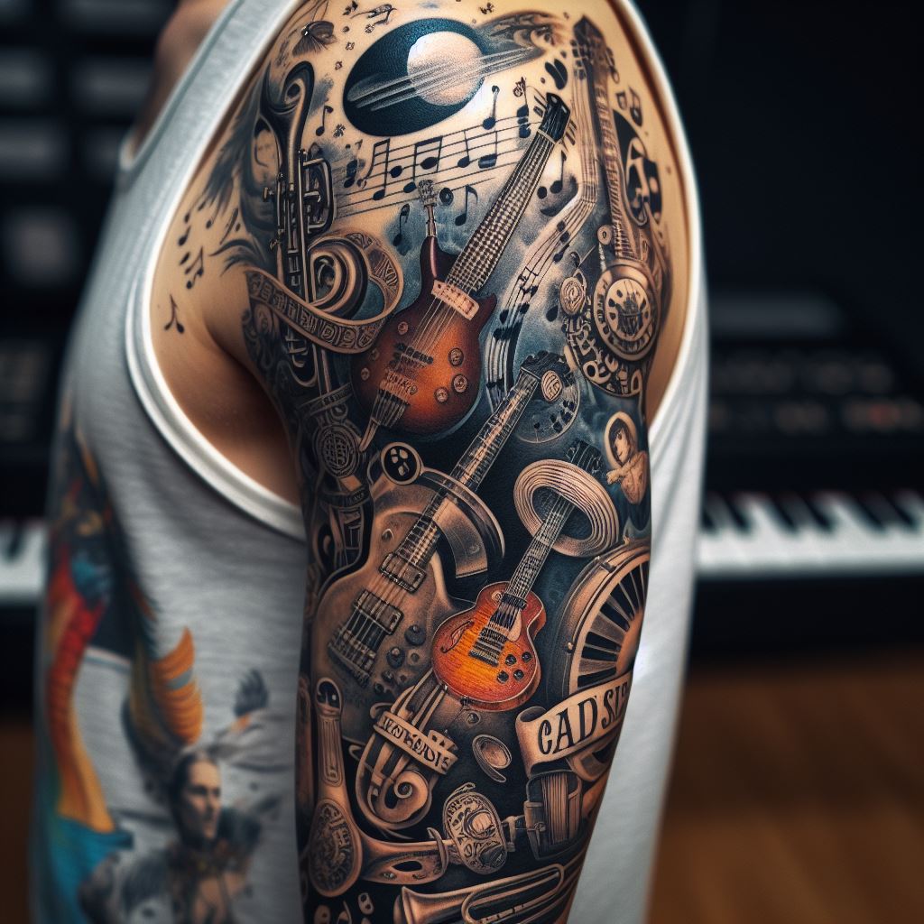 A sleeve tattoo showcasing a musical theme, with instruments, musical notes, and iconic album artwork, inked across the arm.