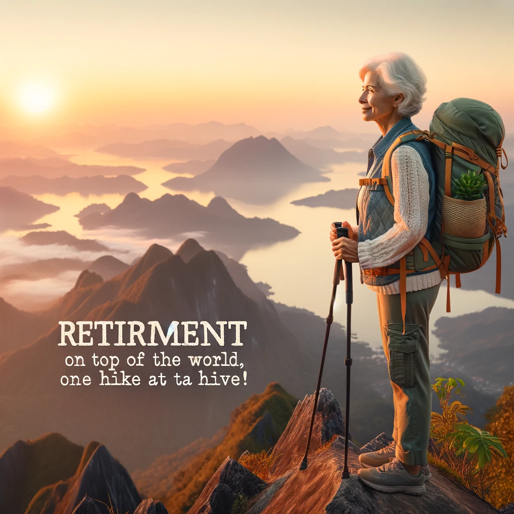 A senior woman with a backpack standing at the top of a mountain, overlooking a beautiful landscape at sunrise. The caption reads: 'Retirement: On top of the world, one hike at a time!'