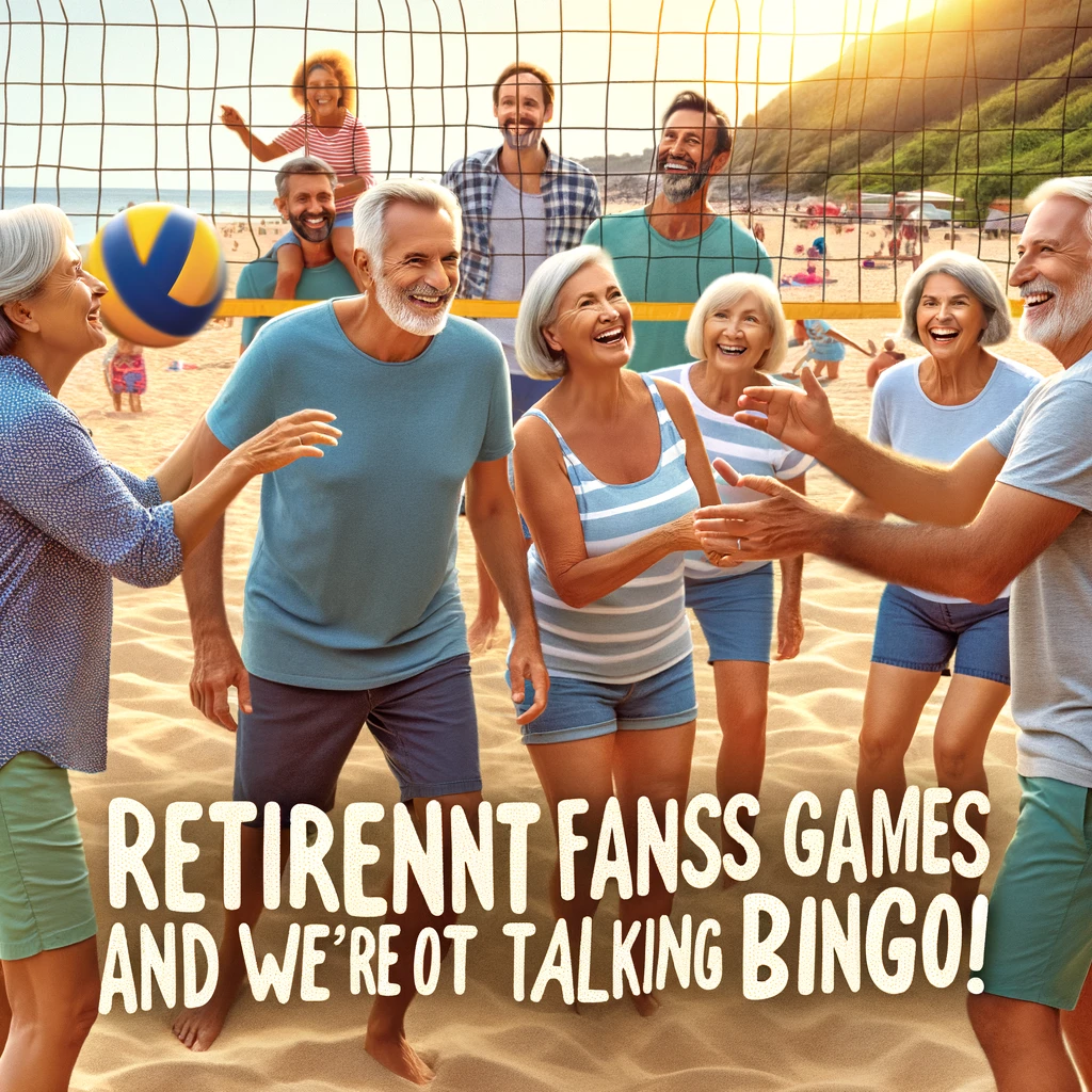 A group of cheerful seniors engaging in a spirited game of beach volleyball, with a sunny beach in the background. The caption reads: 'Retirement means more time for games - and we're not talking bingo!'
