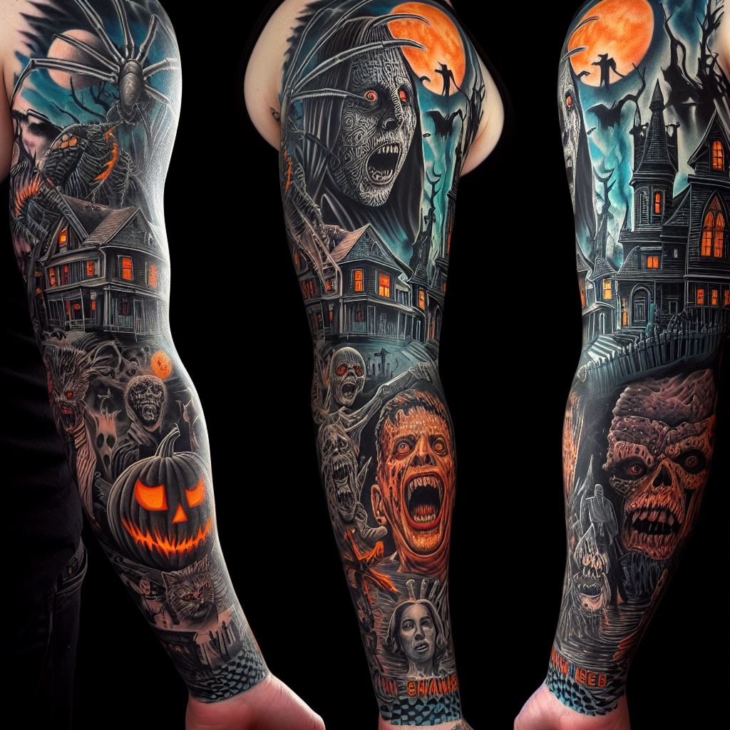 A sleeve tattoo with a horror theme, including classic movie monsters, haunted houses, and eerie landscapes, designed for the arm.