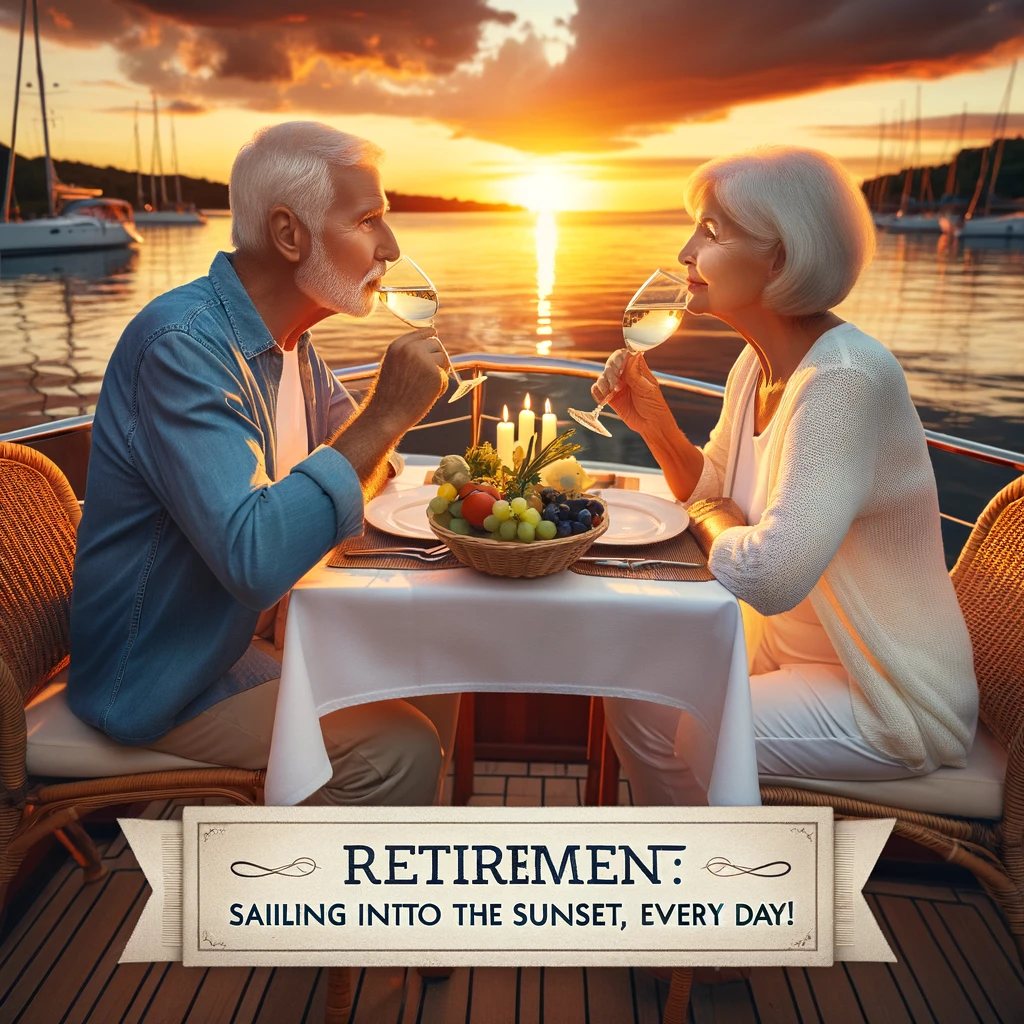 A senior couple enjoying a romantic dinner on a boat, with a beautiful sunset over the water in the background. The caption reads: 'Retirement: Sailing into the sunset, every day!'