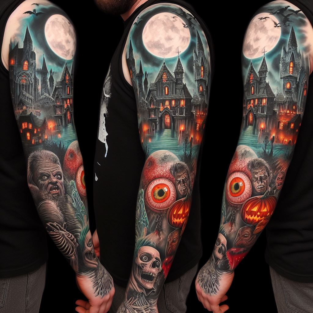 A sleeve tattoo with a horror theme, including classic movie monsters, haunted houses, and eerie landscapes, designed for the arm.