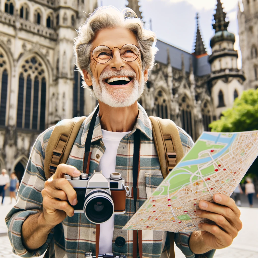 A senior man joyfully exploring a city with a map and camera, surrounded by historic buildings. The caption reads: 'Retirement: Becoming a tourist in your own city!'