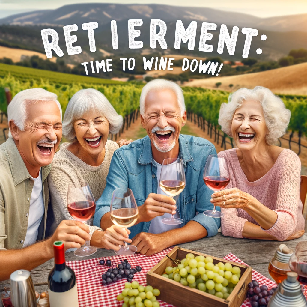 A group of elderly friends laughing together while wine tasting in a vineyard, with rolling hills in the background. The caption reads: 'Retirement: Time to wine down!'
