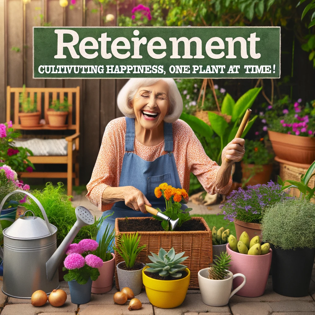 An elderly woman joyfully gardening in her backyard, surrounded by a variety of plants and flowers. The caption reads: 'Retirement: Cultivating happiness, one plant at a time!'