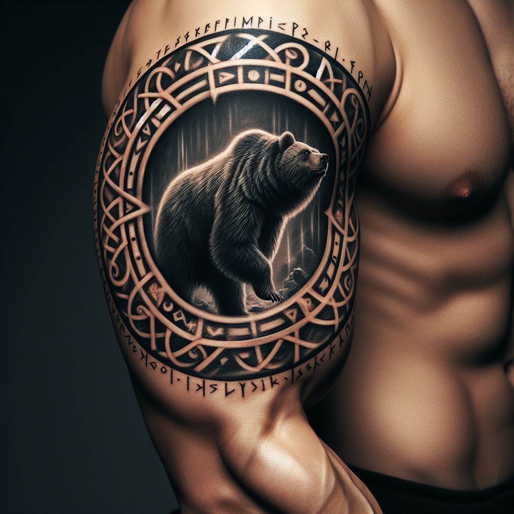 A tattoo that wraps around the bicep, featuring a bear encircled by a ring of ancient runes. The bear is poised, exuding a sense of power and mystique, while the runes suggest a deeper connection to wisdom and the earth. The tattoo is designed to accentuate the muscle's shape, with the bear's posture and the ring's placement enhancing the arm's natural contours. This idea blends physical strength with spiritual depth, making a bold statement.