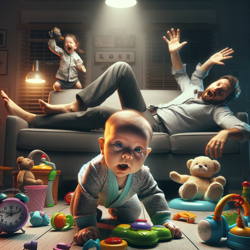 A humorous scene capturing a baby wide awake in the middle of the night, surrounded by toys. In the background, parents are depicted as clearly exhausted and half-asleep, barely managing to keep their eyes open. The room is dimly lit to convey the time, with soft night lights highlighting the chaos of toys scattered around. The baby looks energetically at the camera, embodying the spirit of a night owl, while the parents slump on a nearby couch, their expressions a mix of disbelief and fatigue. A caption at the bottom reads, "Who needs sleep when you have the late-night party spirit?" This image combines elements of family life with a touch of humor, reflecting the unexpected moments of parenting.