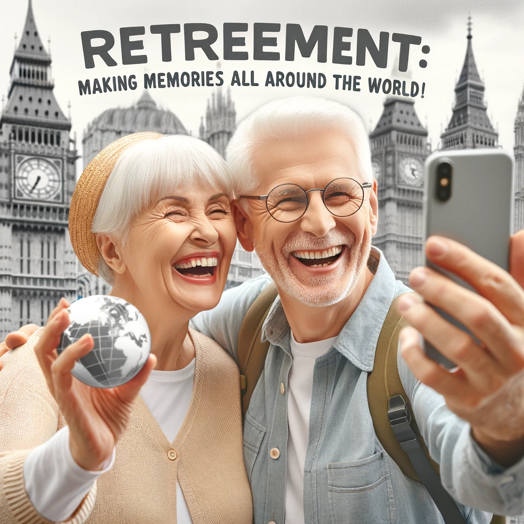 A senior couple taking a selfie with a smartphone, laughing, with famous landmarks in the background. The caption reads: 'Retirement: Making memories all around the world!'