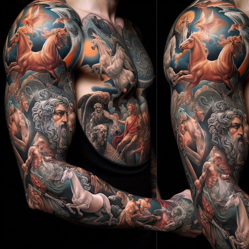 An ancient Greek mythology-themed sleeve tattoo, featuring gods, goddesses, and mythical creatures like centaurs and Pegasus, covering the full arm.