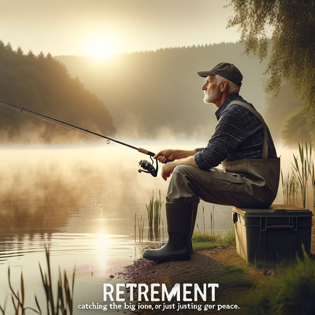 A senior man with a fishing rod, sitting by a serene lake at dawn, with mist rising from the water. The caption reads: 'Retirement: Catching the big one, or just enjoying the peace.'