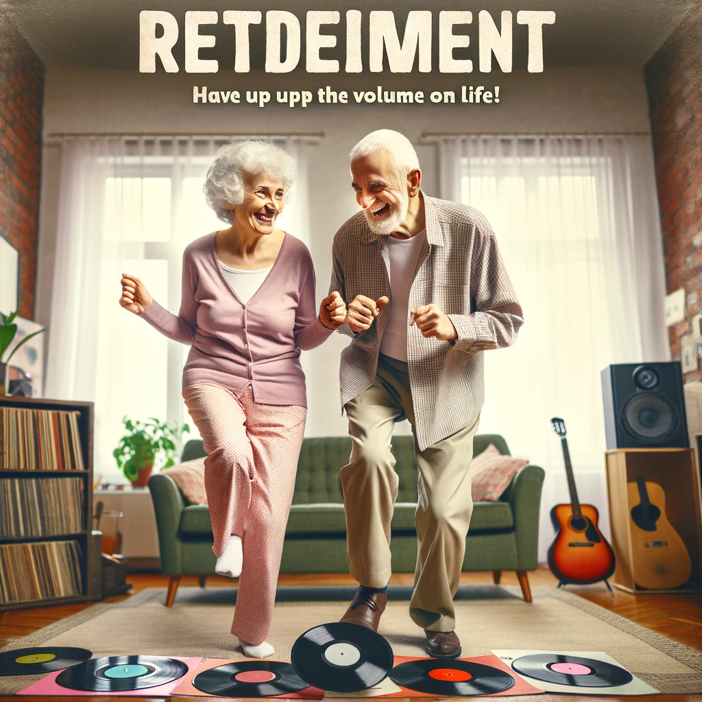 An elderly couple dancing joyfully in their living room, with music records scattered around. The caption reads: 'Retirement: Turning up the volume on life!'