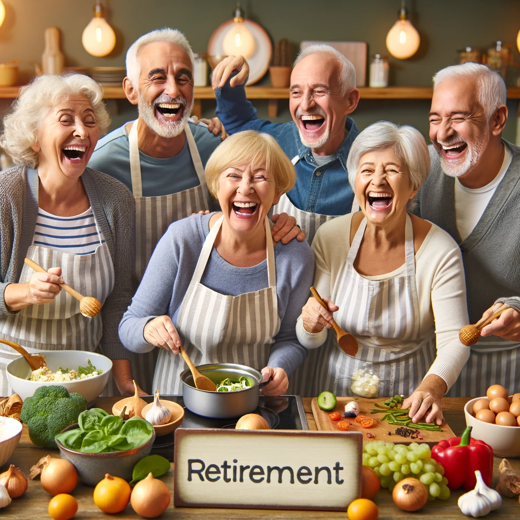 A group of seniors taking a cooking class together, laughing as they prepare a variety of dishes. The caption reads: 'Retirement: Mastering the art of cooking, one recipe at a time!'