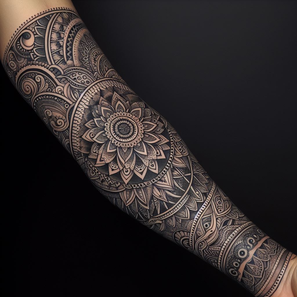An intricate mandala and henna-inspired sleeve tattoo, featuring detailed patterns and designs that wrap around the arm elegantly.