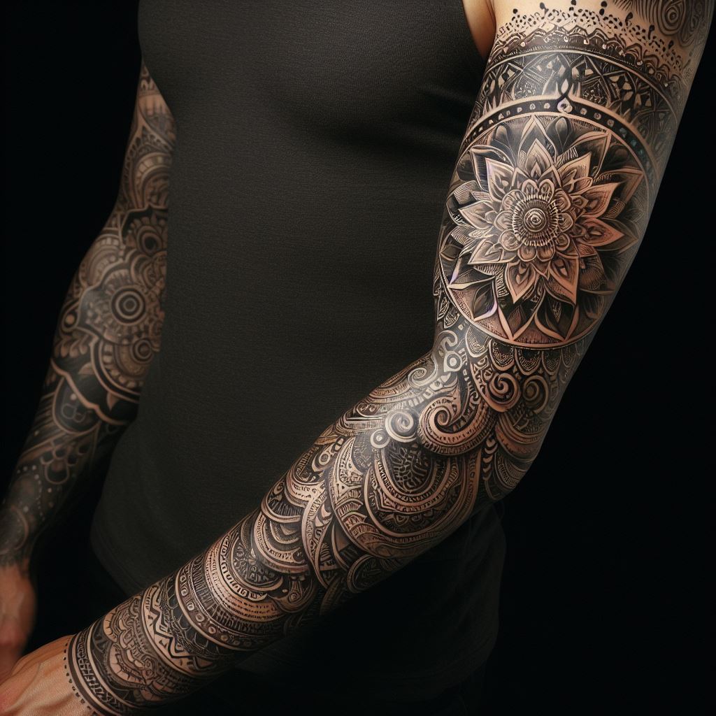 An intricate mandala and henna-inspired sleeve tattoo, featuring detailed patterns and designs that wrap around the arm elegantly.