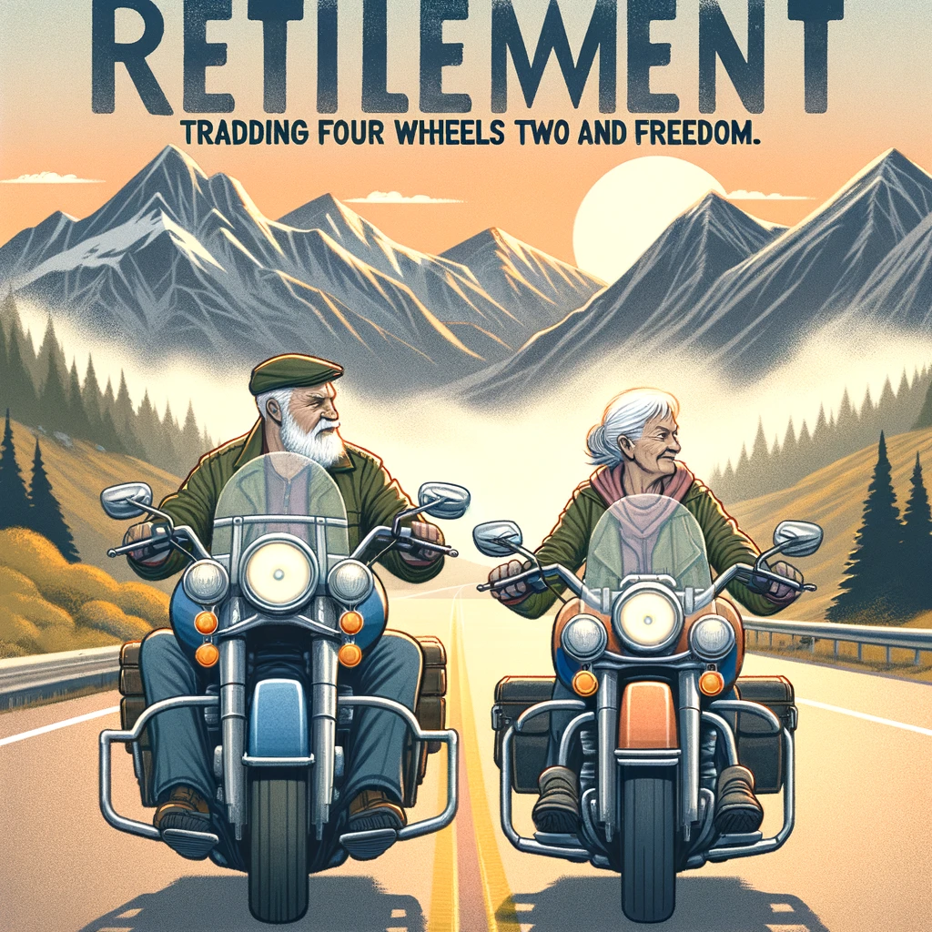 A senior couple riding motorcycles on an open road, with mountains in the background. The caption reads: 'Retirement: Trading four wheels for two and freedom.'