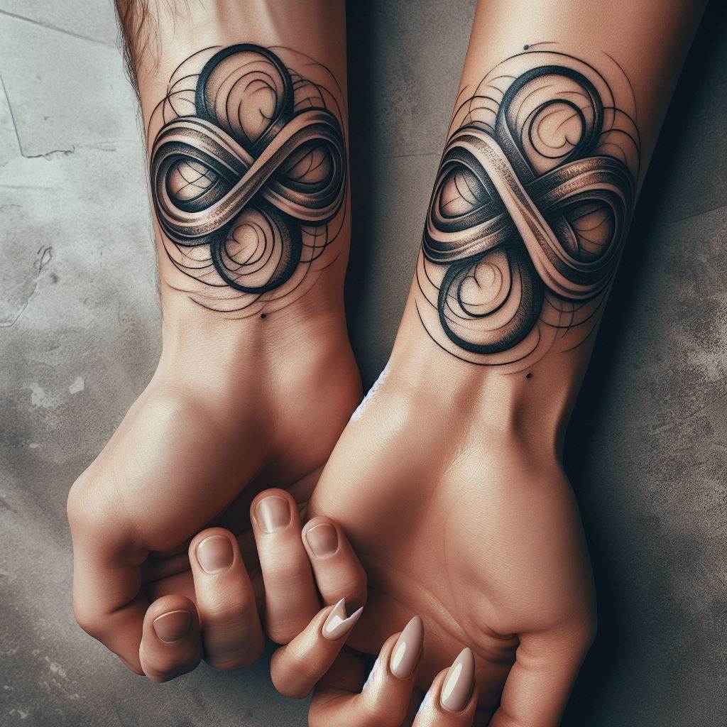 A tattoo of intertwined infinity symbols on the inner wrists of a couple, symbolizing eternal love and connection.