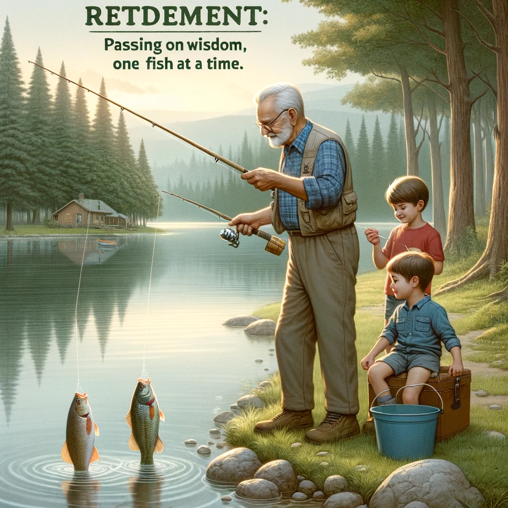 A senior man teaching his grandchildren how to fish at a lake, with a serene forest in the background. The caption reads: 'Retirement: Passing on wisdom, one fish at a time.'