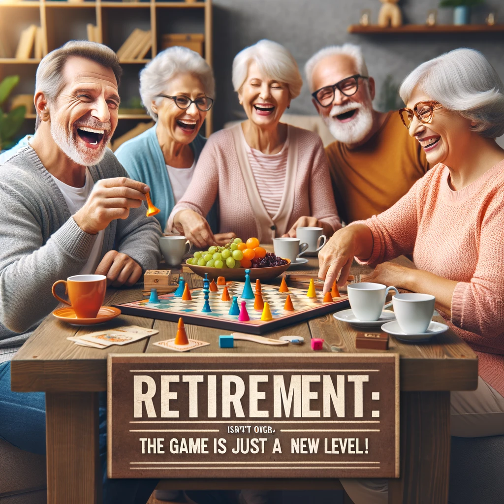 A group of seniors enjoying a board game night, with laughter and snacks on the table. The caption reads: 'Retirement: The game isn't over, it's just a new level!'