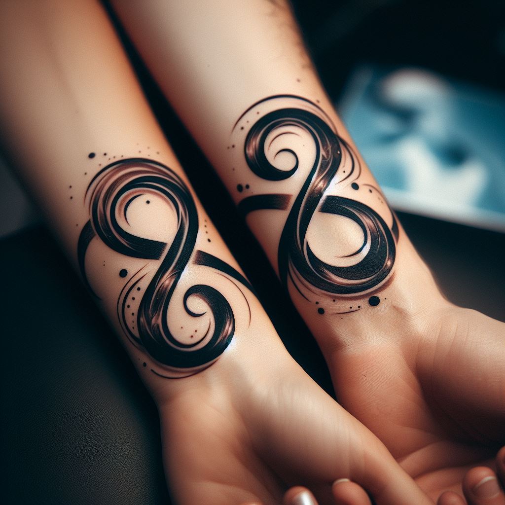 A tattoo of intertwined infinity symbols on the inner wrists of a couple, symbolizing eternal love and connection.