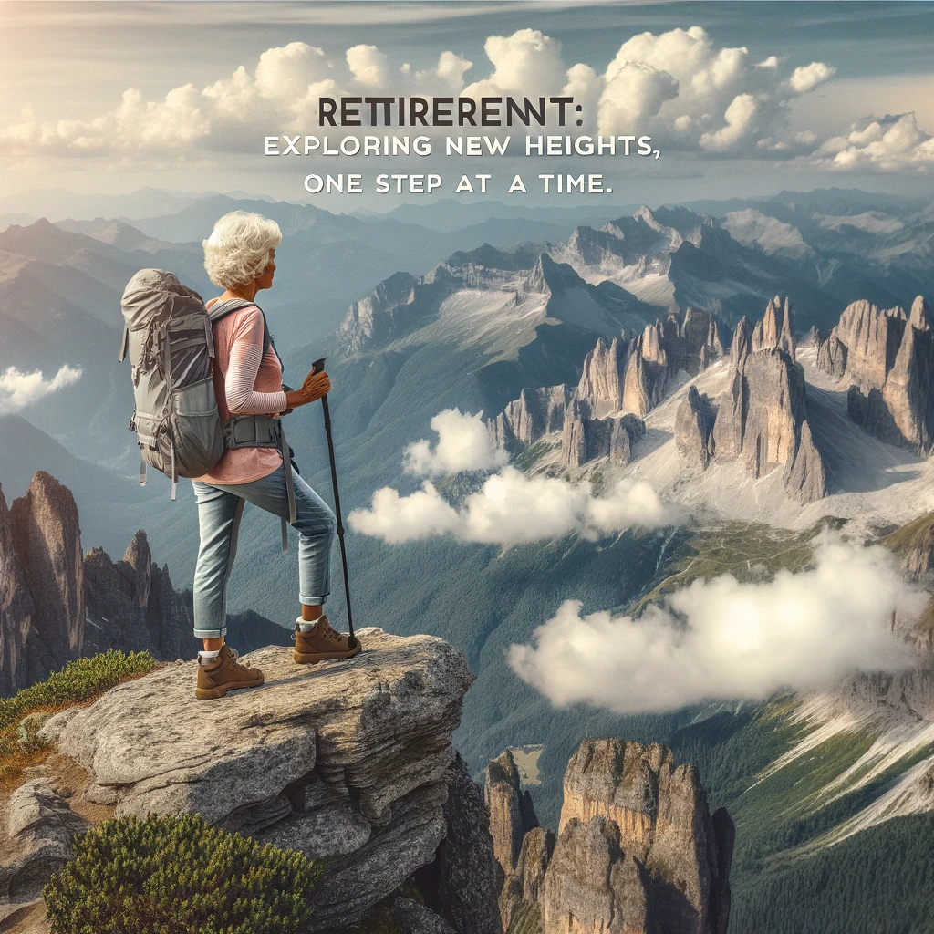 A senior woman enjoying a solo backpacking trip, standing at the edge of a cliff with a panoramic view of the mountains. The caption reads: 'Retirement: Exploring new heights, one step at a time.'