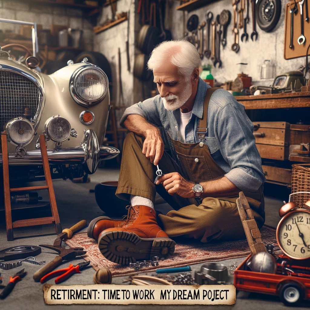 A senior man tinkering with a vintage car in his garage, tools spread out around. The caption reads: 'Retirement: Time to work on my dream project.'
