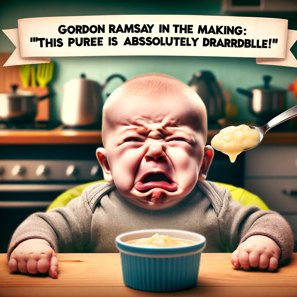 A comical scene featuring a baby making a dramatic, disgusted face after tasting a new food for the first time, capturing the essence of a future gourmet critic. The baby's expression is one of utter disappointment and disdain, mirroring a professional chef's critique of a subpar dish. Around the baby, the kitchen setting is bright and cheerful, contrasting with the baby's grimace. A spoonful of puree is suspended in the air, as if frozen in time the moment after the baby's taste. The caption, "Gordon Ramsay in the making: 'This puree is absolutely dreadful!'" is prominently displayed, adding a humorous twist to the baby's overly serious reaction. This image plays on the idea of culinary judgment starting from a very young age, with a lighthearted jab at food critiques.