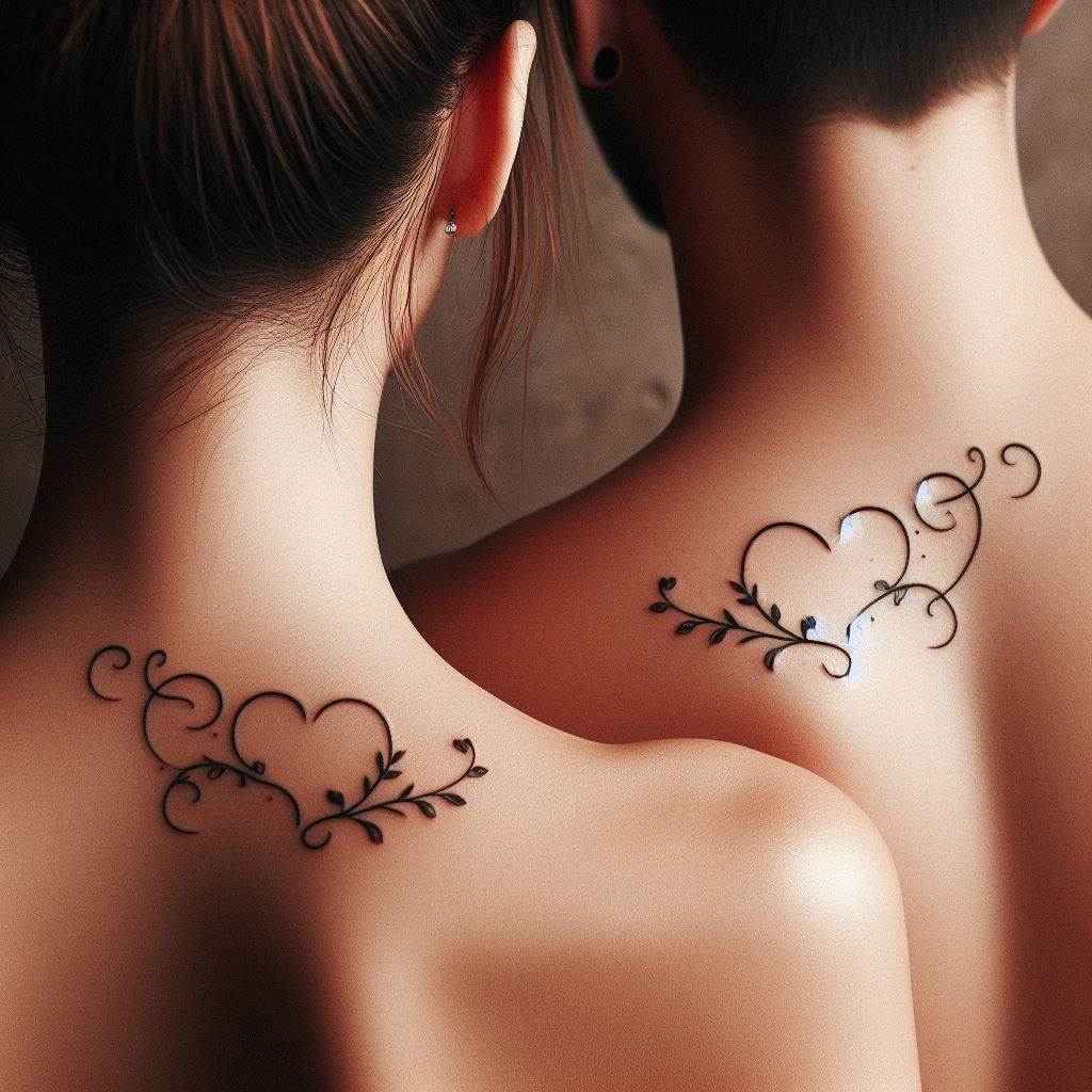 Matching tattoo of small, delicate hearts located on the back of each partner's neck, representing love and unity.