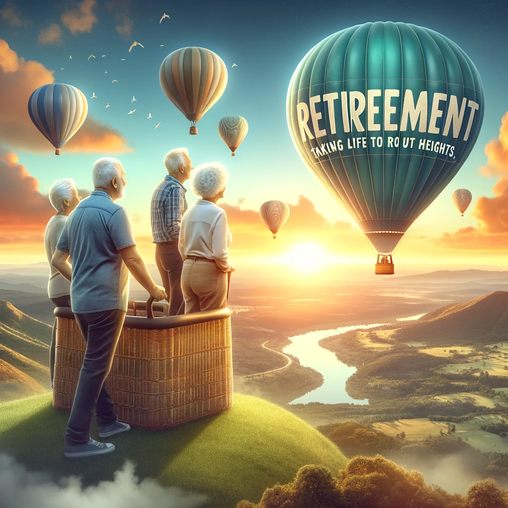 A group of elderly friends embarking on a hot air balloon ride at sunrise, with a scenic landscape below. The caption reads: 'Retirement: Taking life to new heights.'