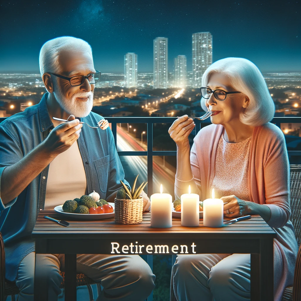 A senior couple having a candlelit dinner on their balcony, overlooking a cityscape at night. The caption reads: 'Retirement: Enjoying the simple pleasures, every night.'