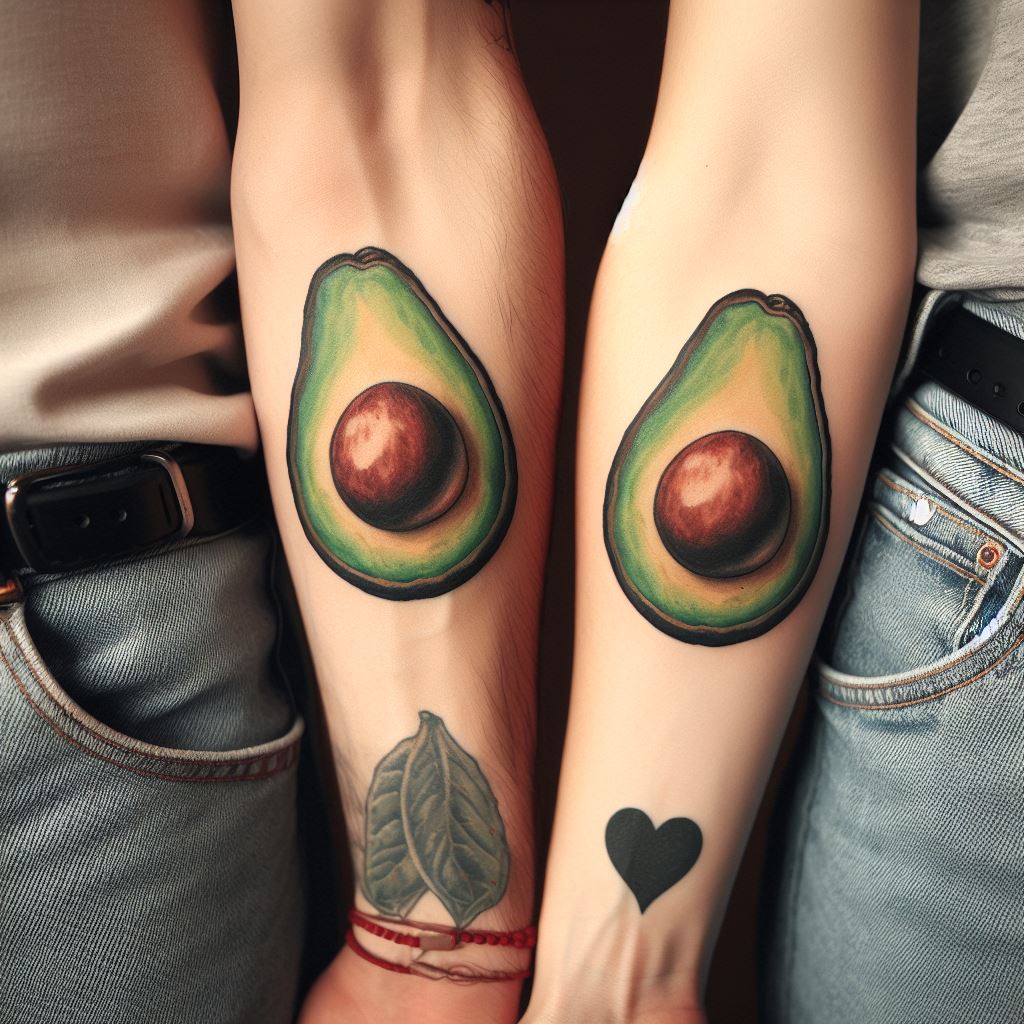 A tattoo featuring halves of a whole avocado, inked on each partner's forearm, showcasing a quirky and unique bond.