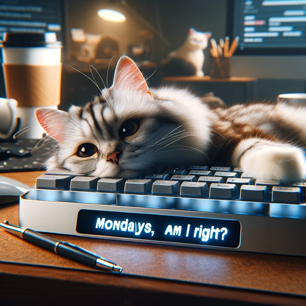 An image of a cat lying on a keyboard, looking exhausted, with the caption "Mondays, am I right?" The scene is humorous and relatable, with the cat embodying the universal feeling of starting the work week. The keyboard is a modern, backlit model, and there are coffee cups and office supplies scattered around, adding to the chaotic yet common workspace environment.
