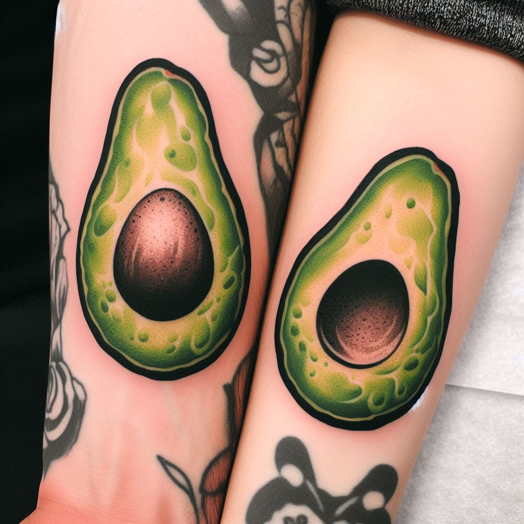 A tattoo featuring halves of a whole avocado, inked on each partner's forearm, showcasing a quirky and unique bond.