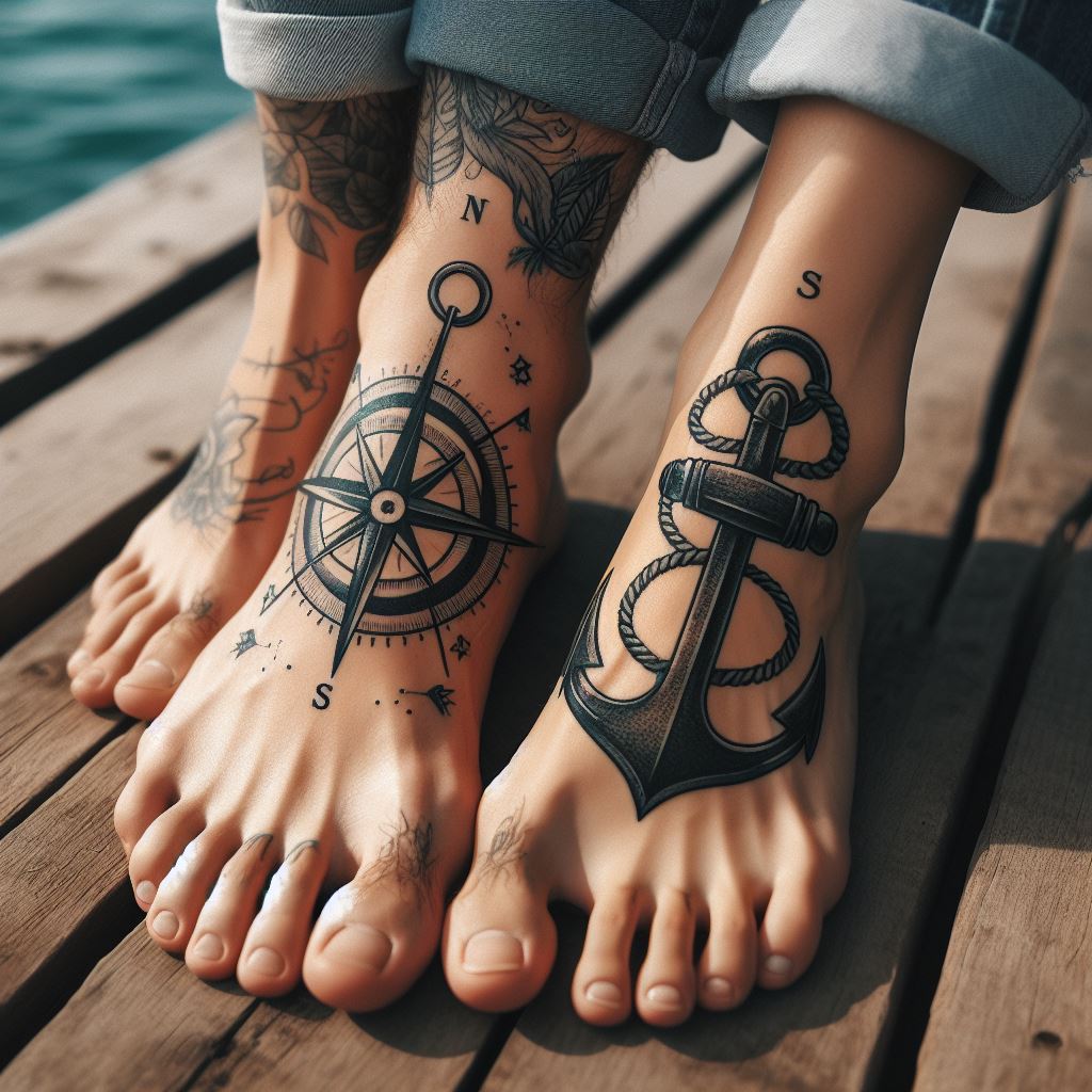 Compass and anchor tattoo designs on the couple's ankles, symbolizing stability and direction in their journey together.