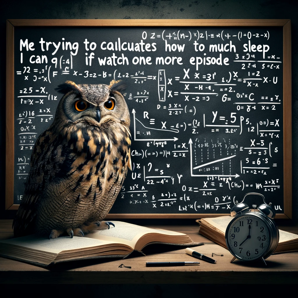 An image of an owl in front of a blackboard filled with complex mathematical equations, with the caption "Me trying to calculate how much sleep I can get if I watch one more episode." The owl, symbolizing wisdom but looking overwhelmed, represents the all-too-common late-night bargaining with oneself over sleep versus entertainment. The blackboard's equations include variables for episode length, hours until alarm, and the elusive 'x' for amount of sleep. This humorous scene is set in a dimly lit room, adding to the late-night decision-making atmosphere.